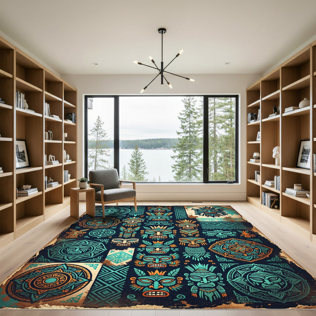 Tribal Teal Orange Mask Collage Rug