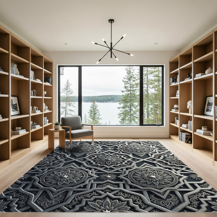 Intricate Silver Starburst Geometric Rug