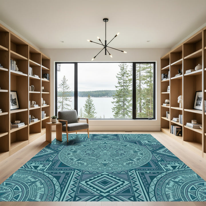Teal Sun Stone Geometric Medallion Rug
