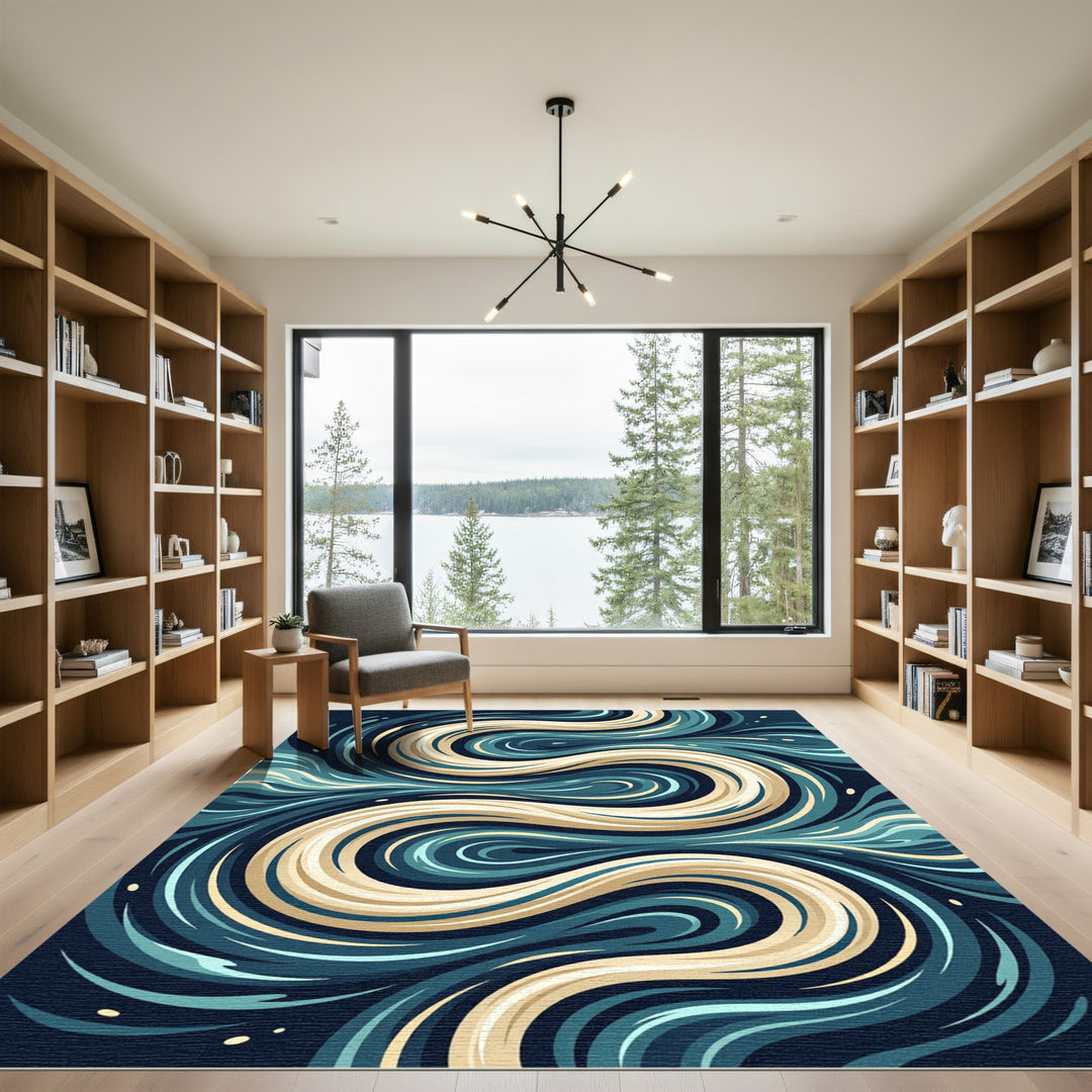 Deep Blue Swirling Abstract Forms Rug