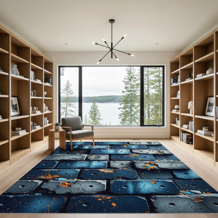 Deep Blue Concrete Brick Texture Rug