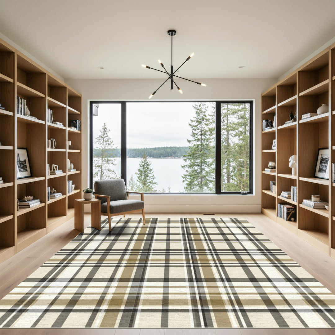 Classic Beige Tan Plaid Rug