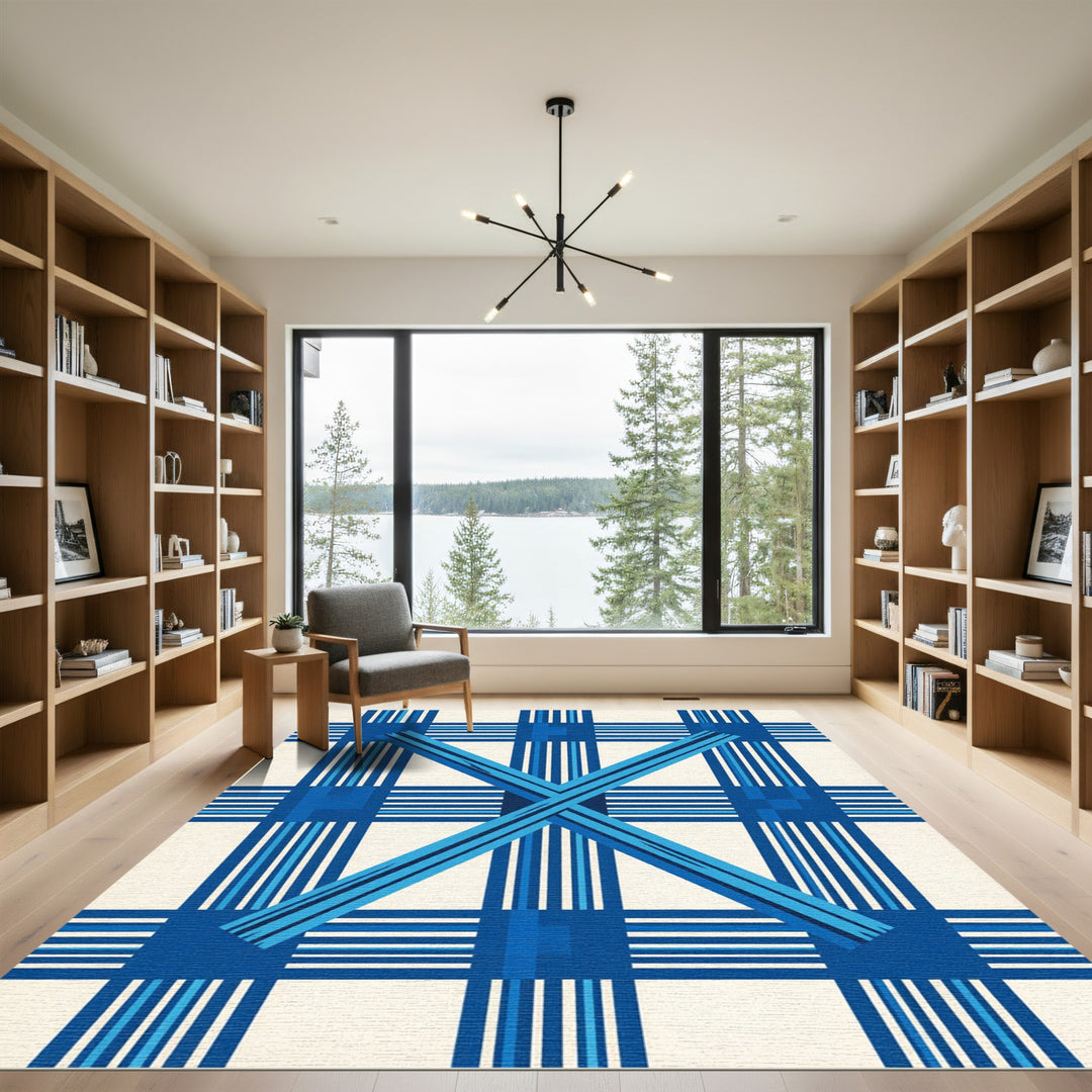 Bold Blue Plaid X Geometric Rug