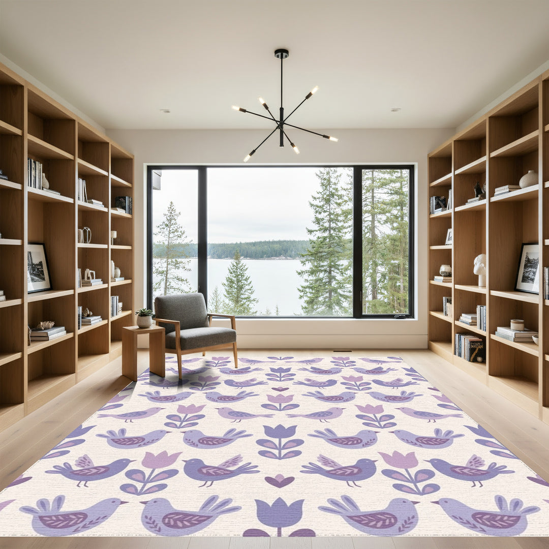 Whimsical Purple Bird Tulip Garden Rug