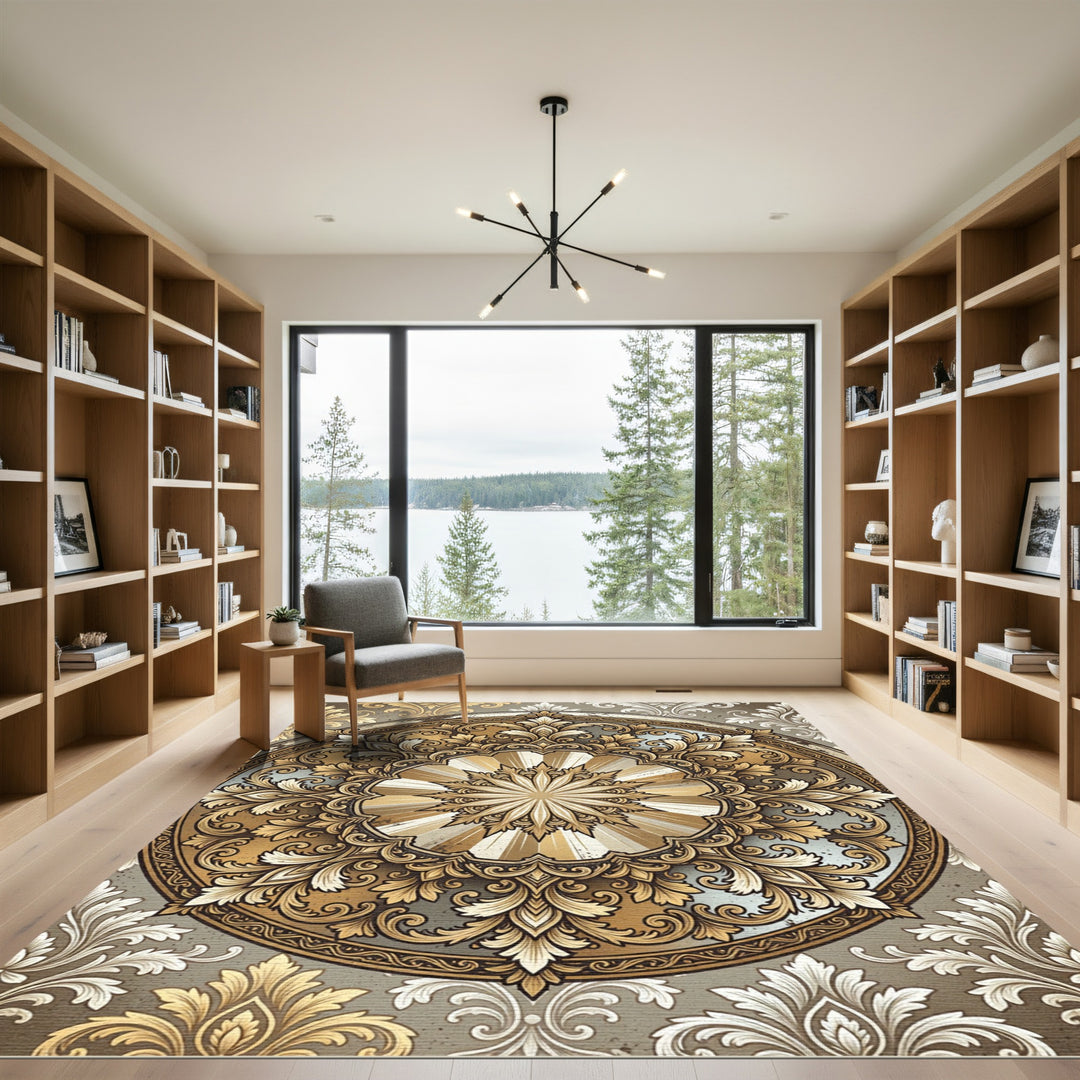 Ethereal Golden Baroque Mandala Rug