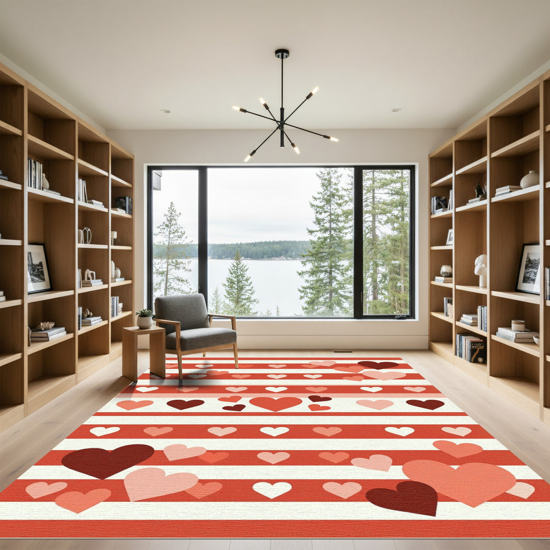 Whimsical Red White Hearts Stripes Rug