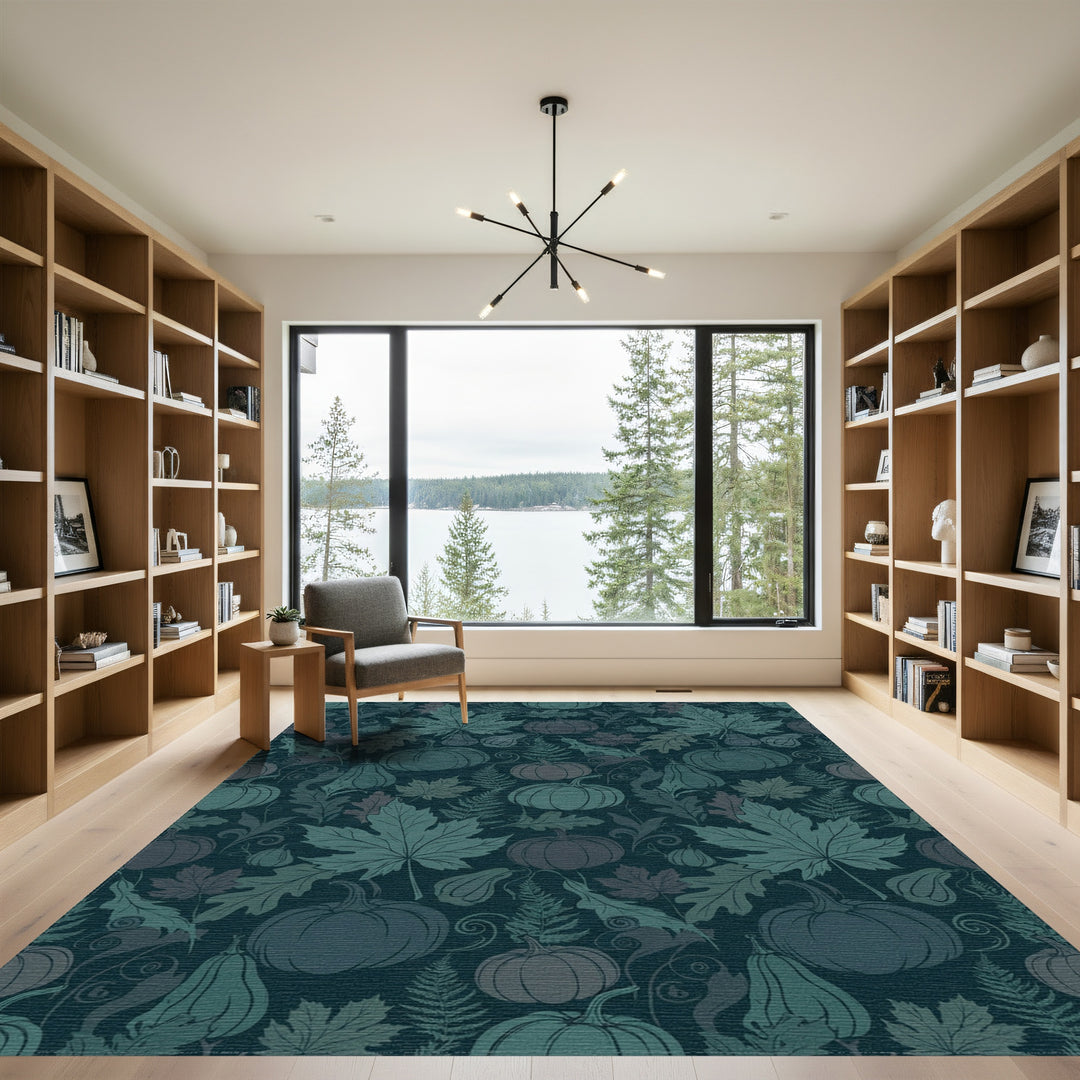 Autumnal Teal Pumpkin Leaf Medley Rug