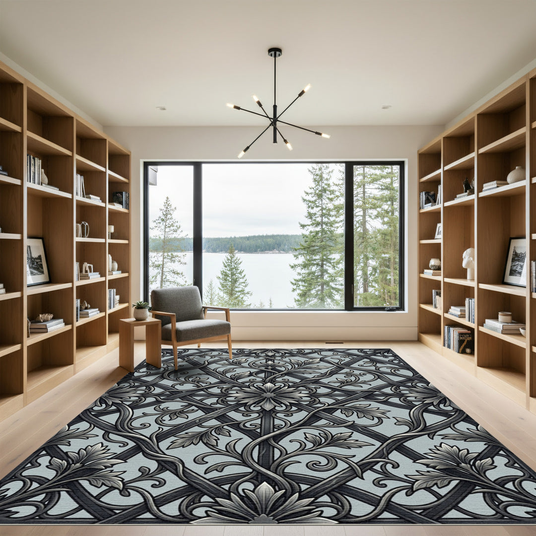 Ornate Grey Floral Interwoven Lattice Rug