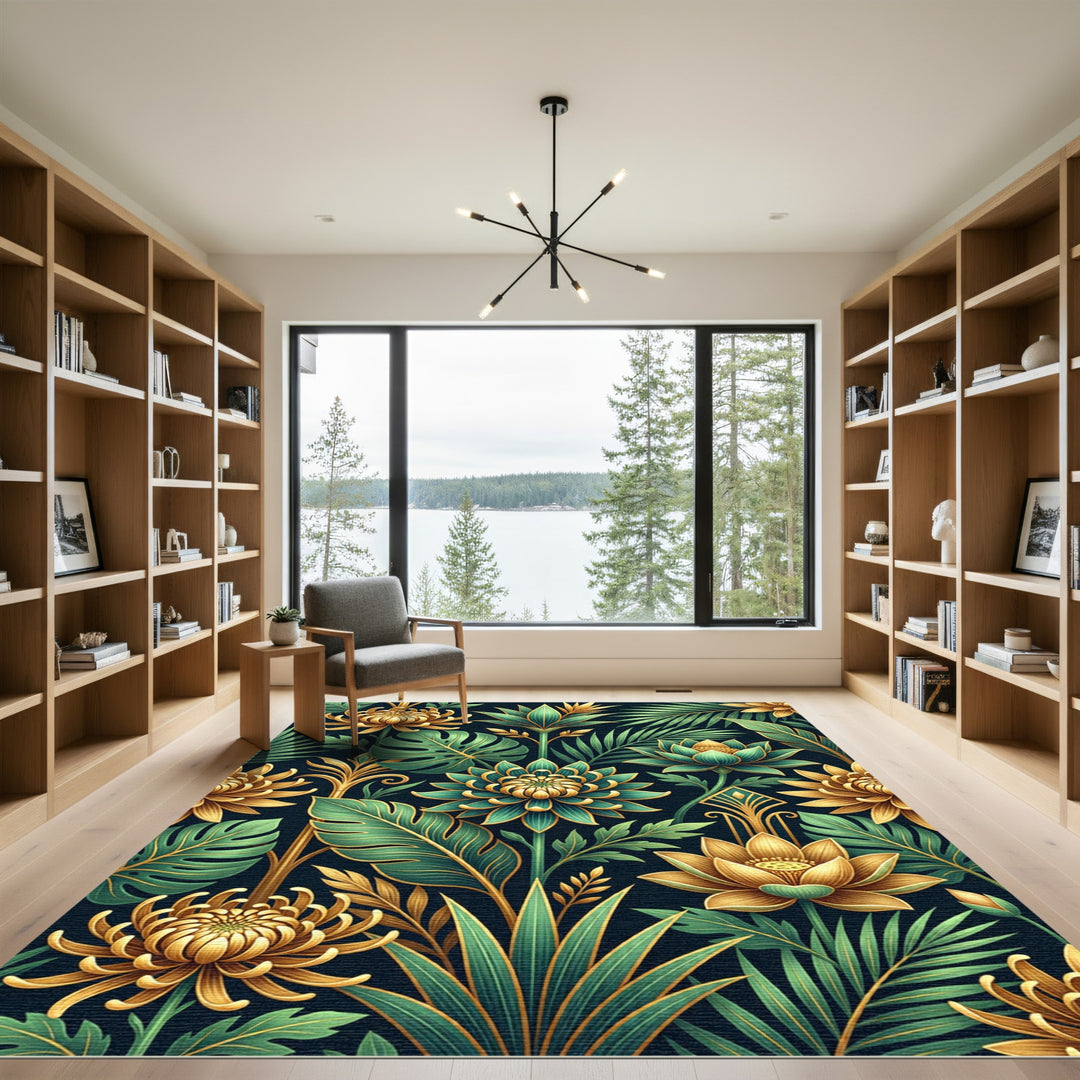 Art Deco Gold Green Floral Leaves Rug