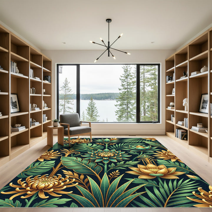 Art Deco Gold Green Floral Leaves Rug