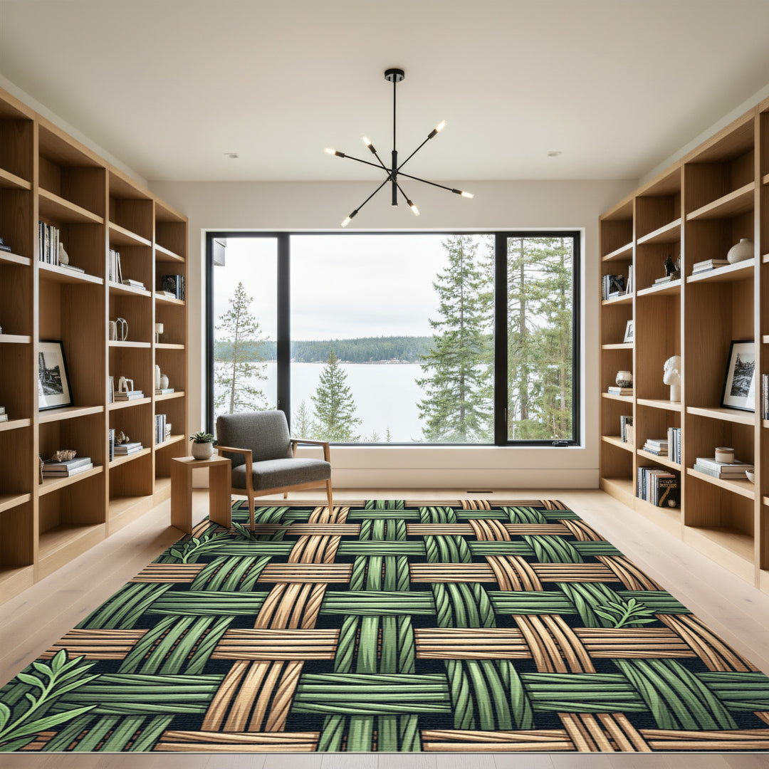 Woven Green Gold Fibers Texture Rug