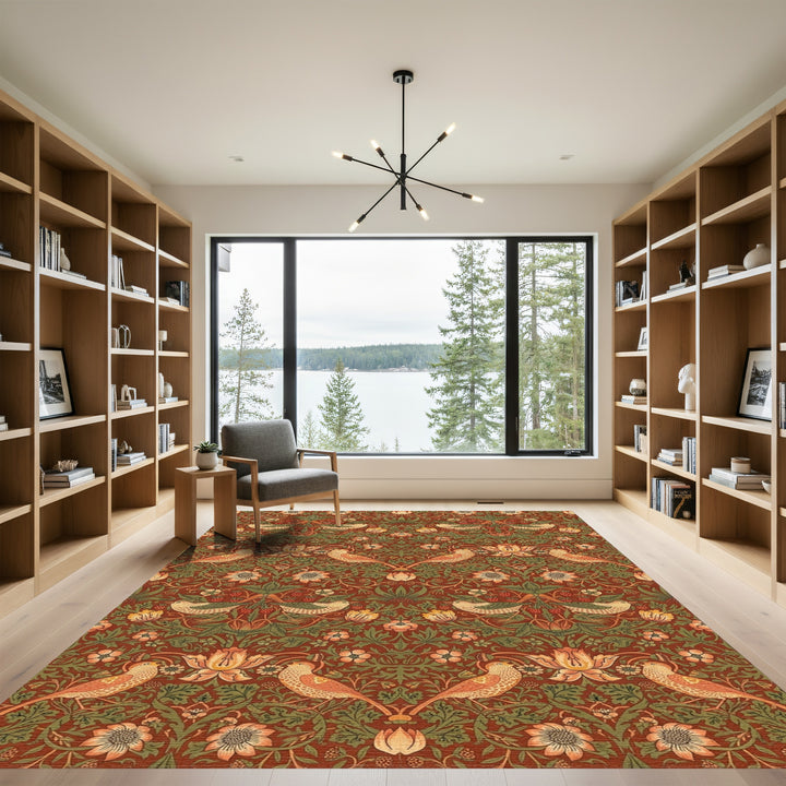 Earthy Red Bird and Strawberry Garden Rug