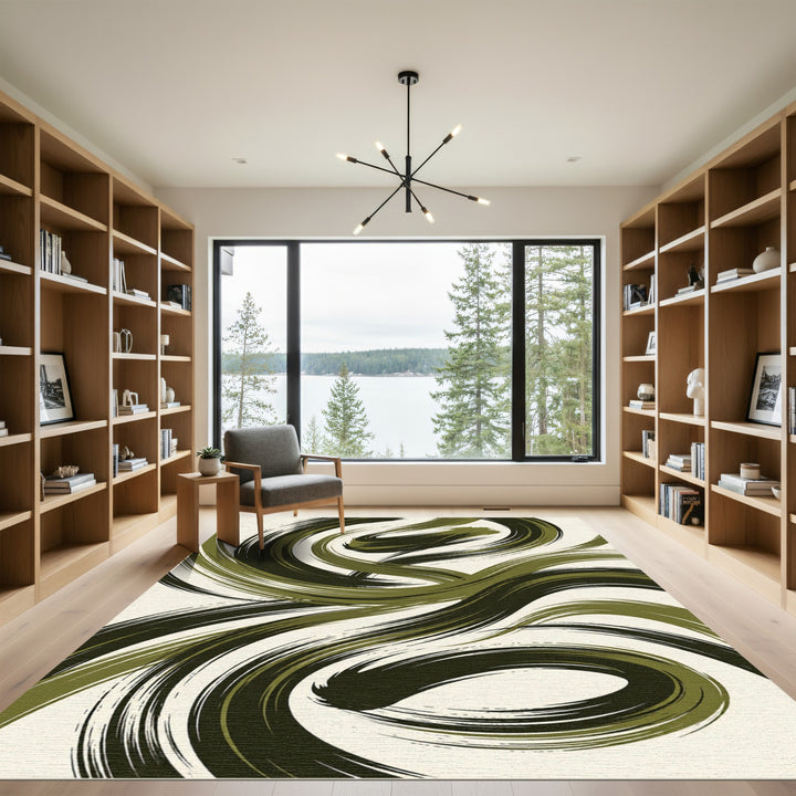 Elegant Olive Green Brushstroke Swirl Rug