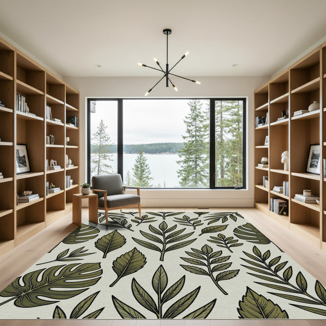 Olive Green Botanical Leaf Illustration Rug
