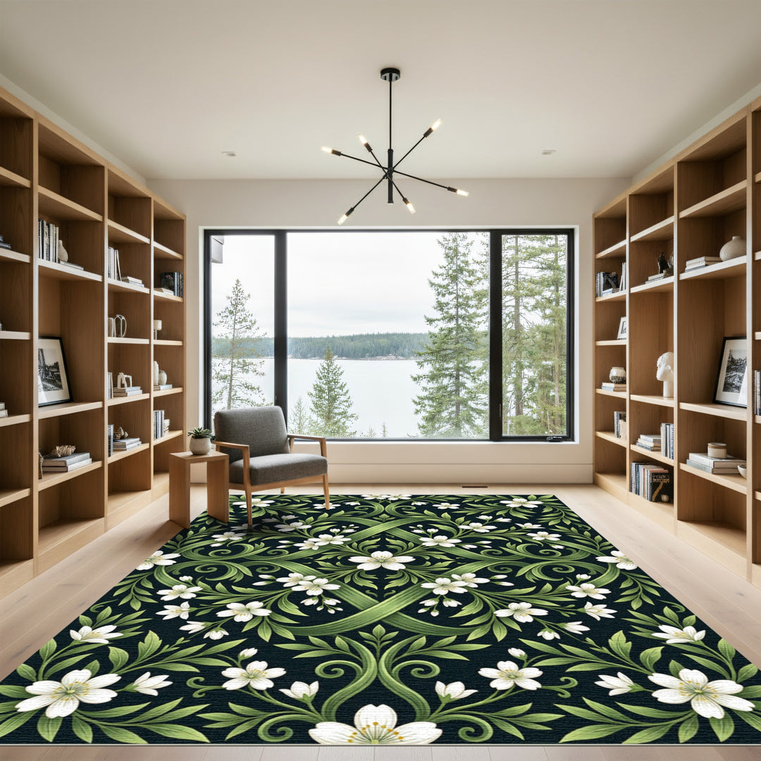White Blossom Green Vine Symmetry Rug
