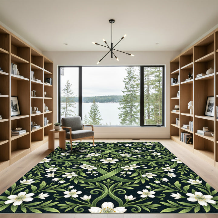 White Blossom Green Vine Symmetry Rug