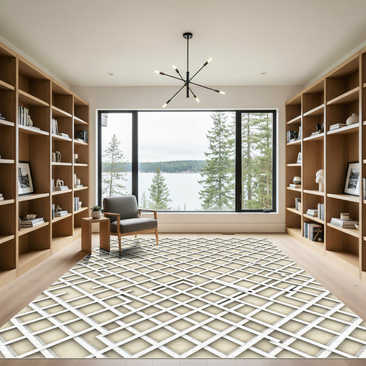 White Lattice Geometric Composition Rug