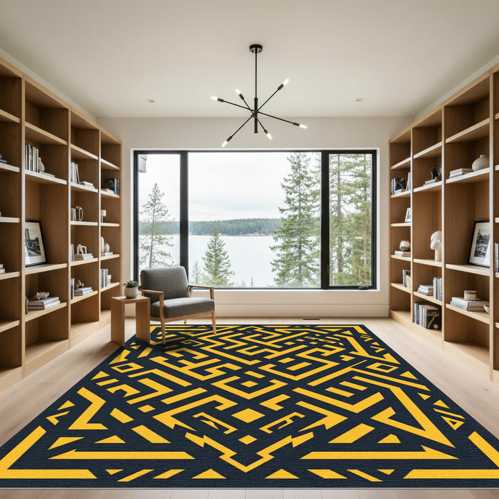 Geometric Maze Black Gold Rug