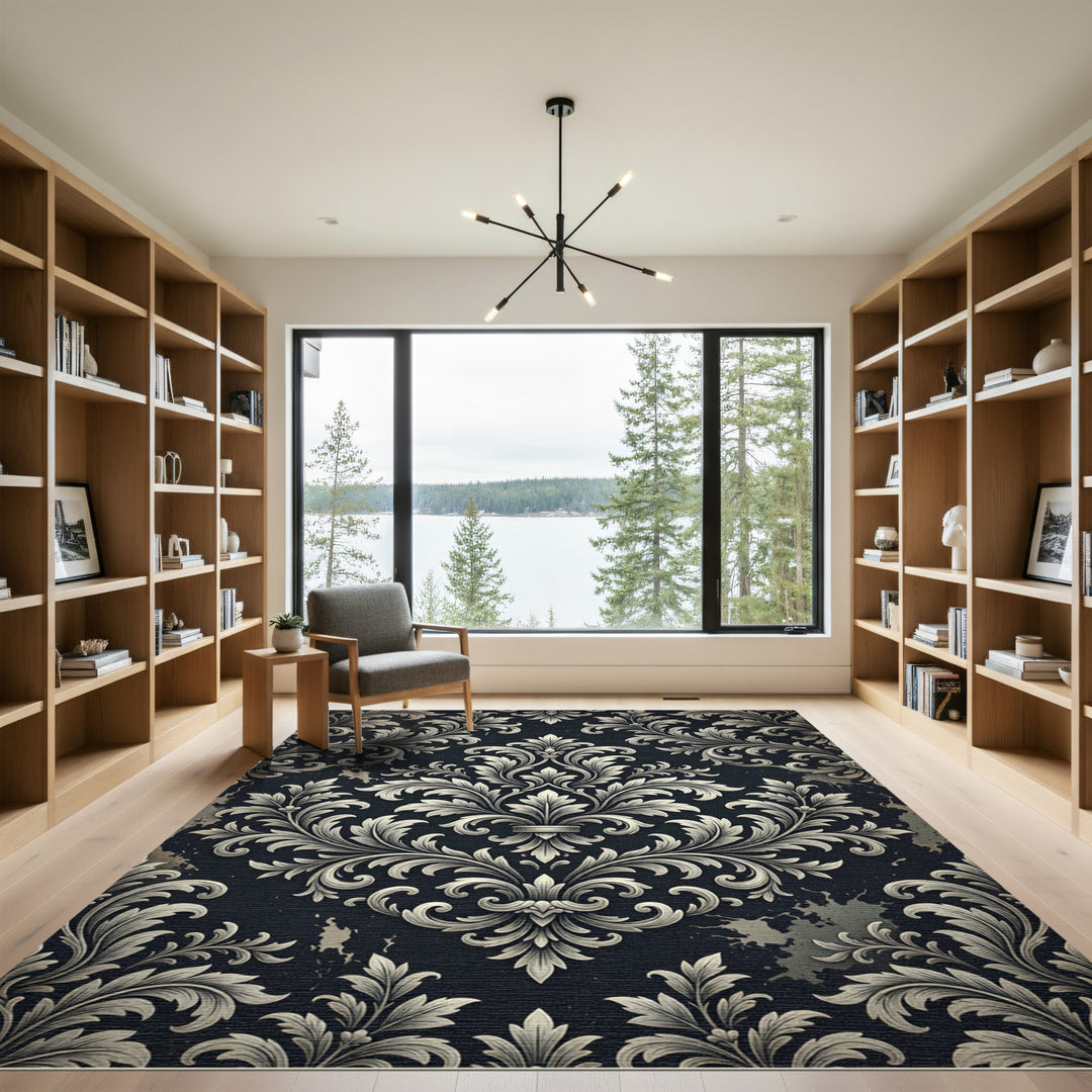Ornate Black and White Damask Rug