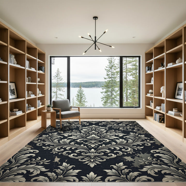 Ornate Black and White Damask Rug