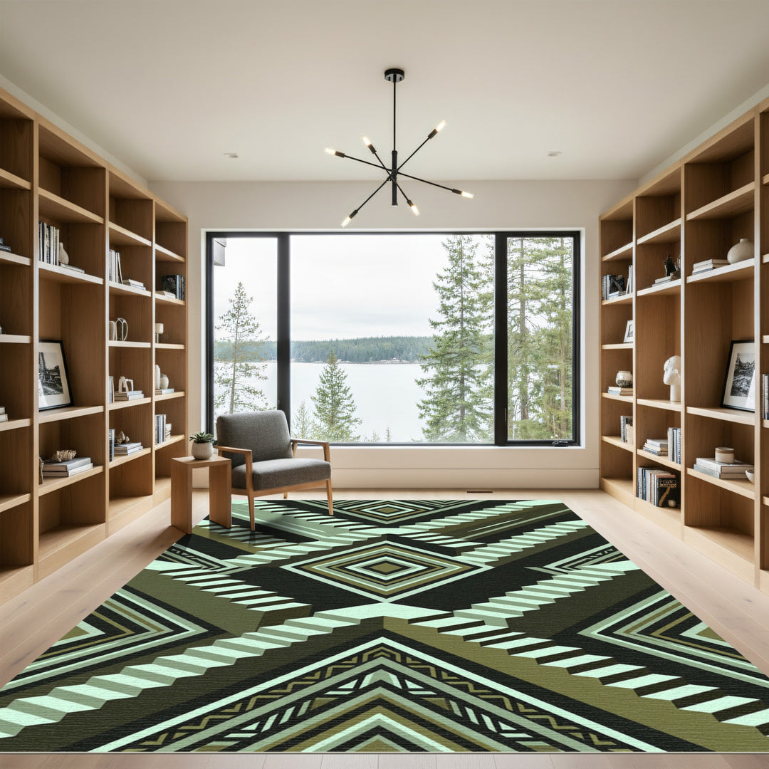 Geometric Stair Illusion Olive Rug