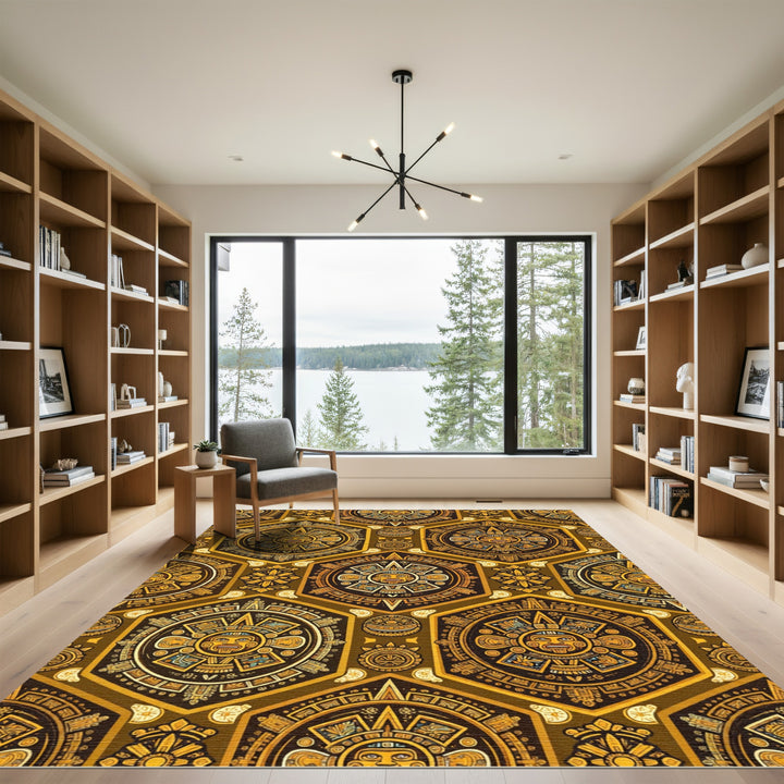 Golden Aztec Sun Calendar Hexagon Rug