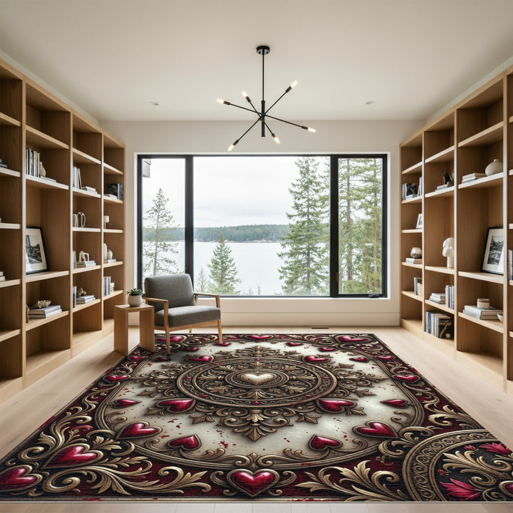 Ornate Red Hearts Golden Medallion Rug