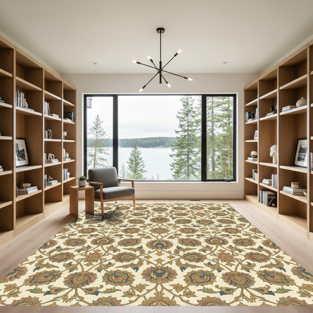 Earthy Gold Floral Medallion Overlay Rug