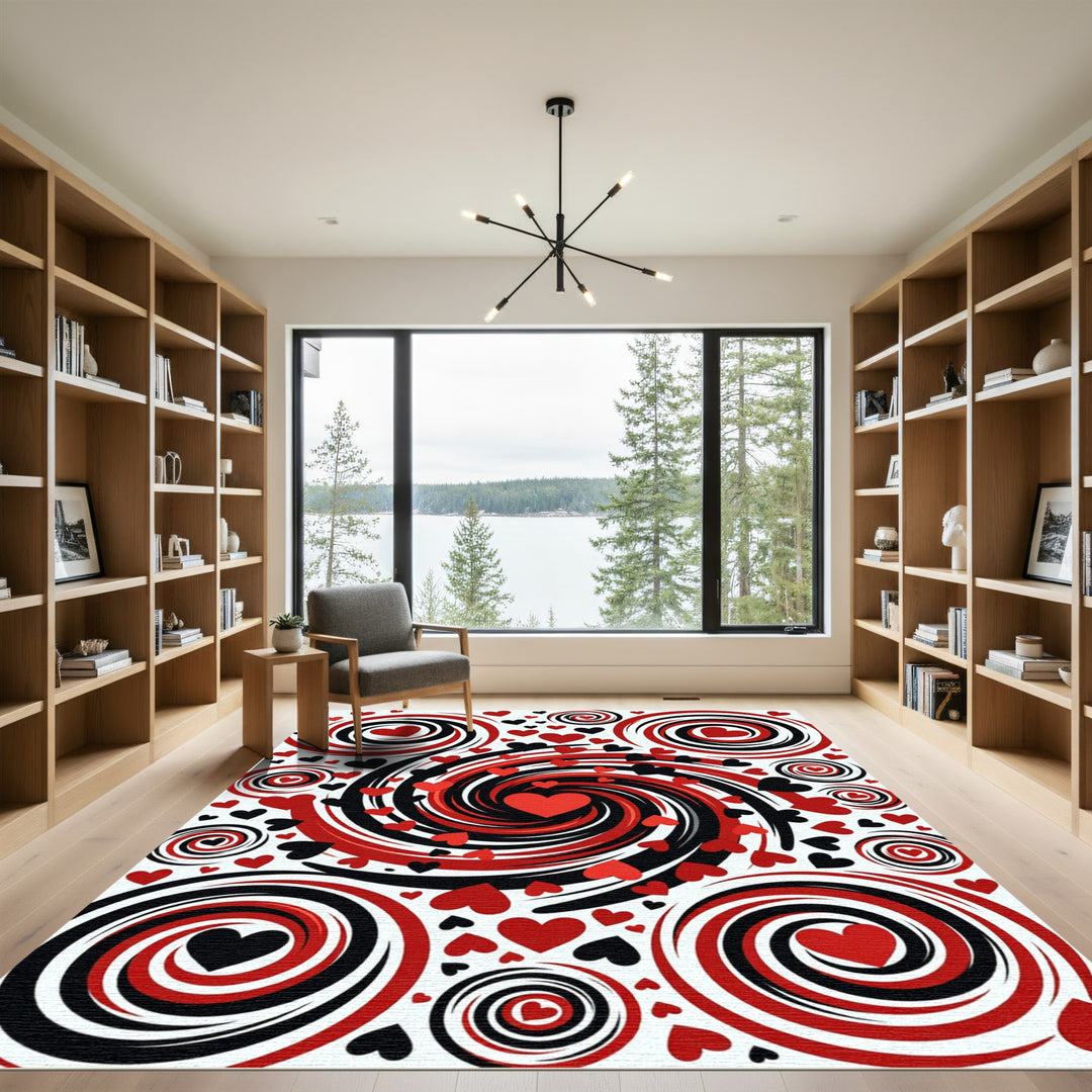 Red Black Heart Swirl Abstract Rug