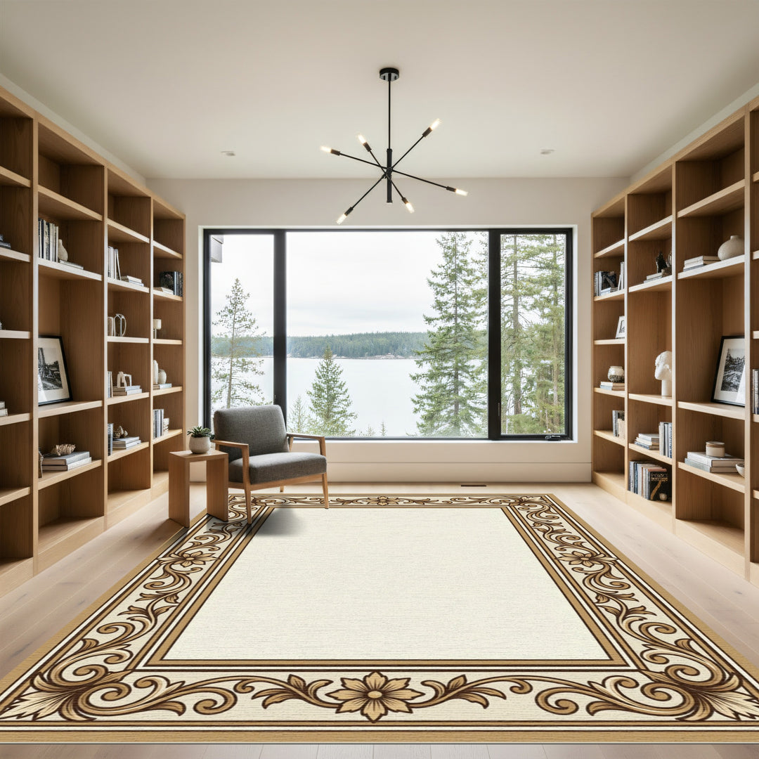 Ornate Beige Floral Scroll Rug