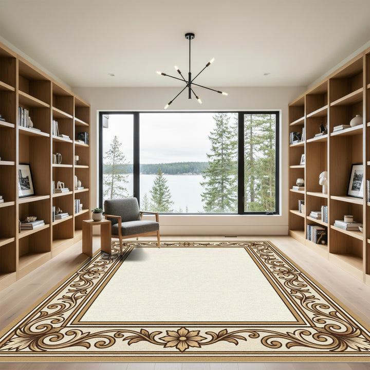 Ornate Beige Floral Scroll Rug
