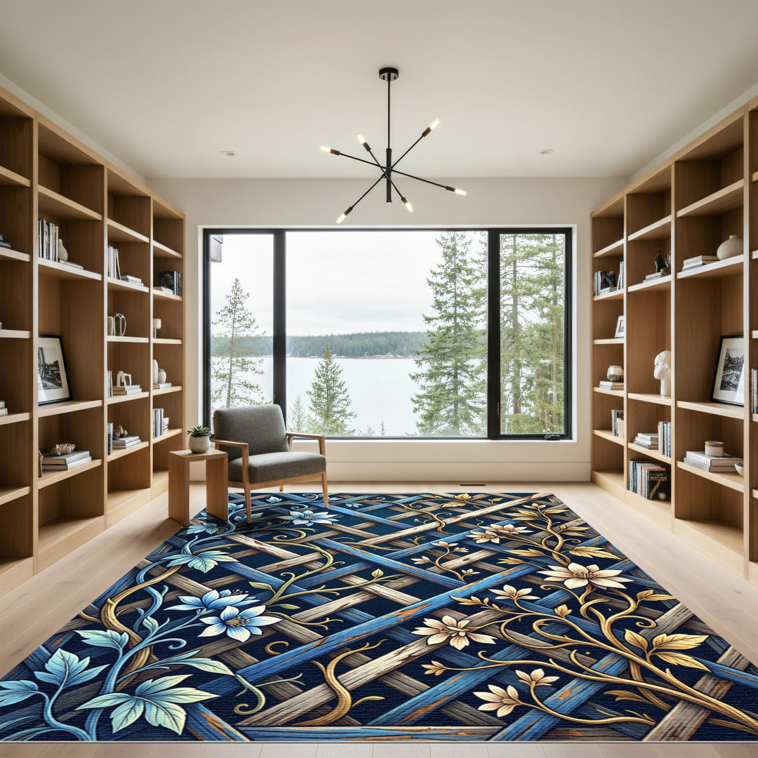 Blue and Gold Floral Lattice Rug