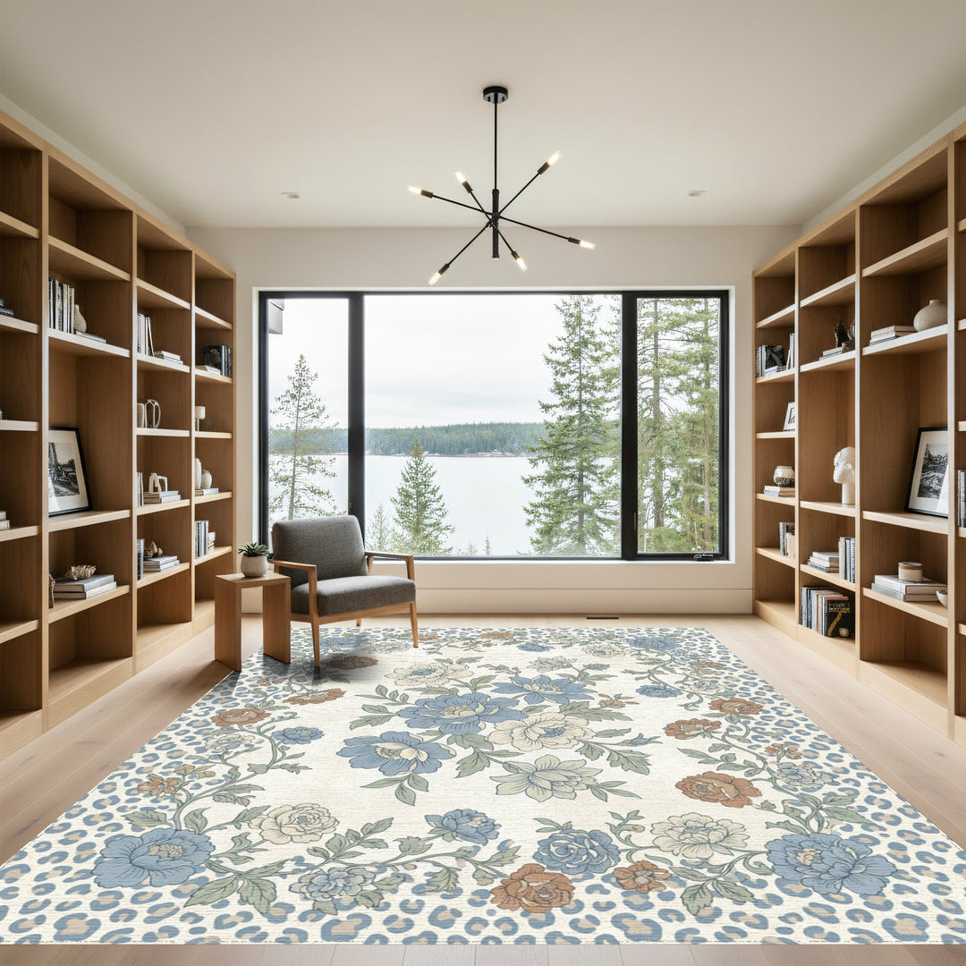 Faded Blue Floral Leopard Frame Rug