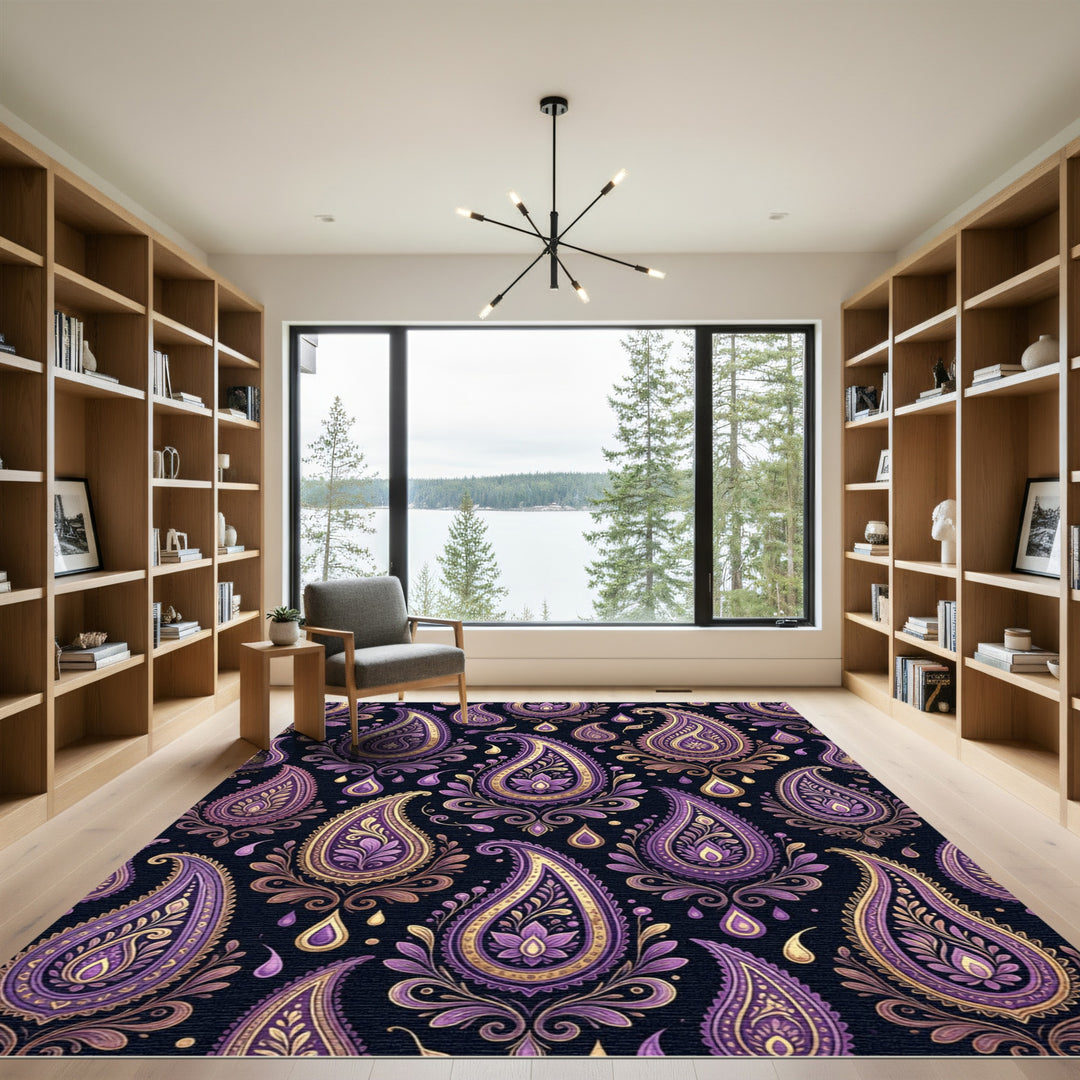 Elegant Paisley Embroidery Purple Gold Rug