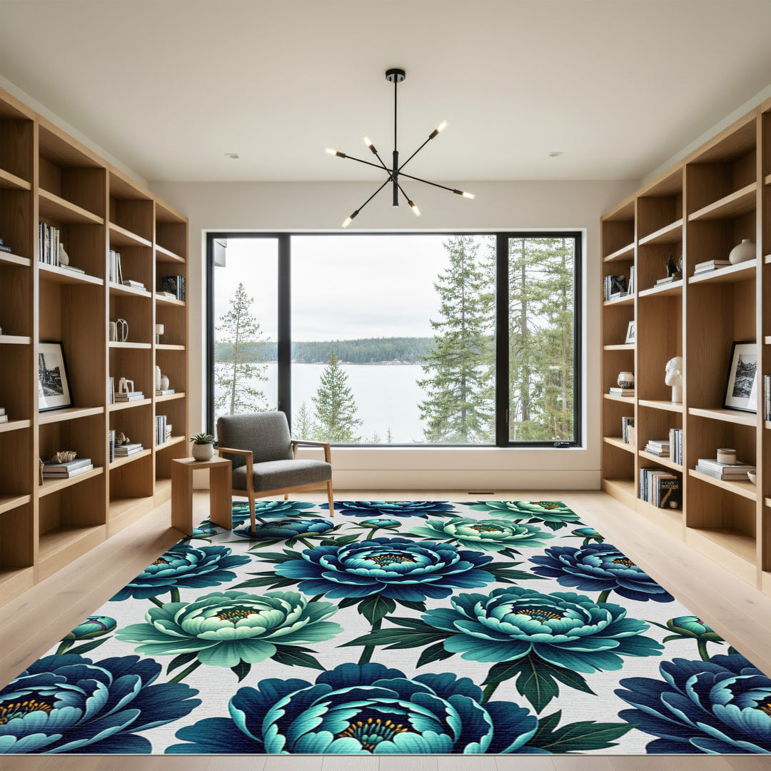 Teal Peony Blossom Floral Rug