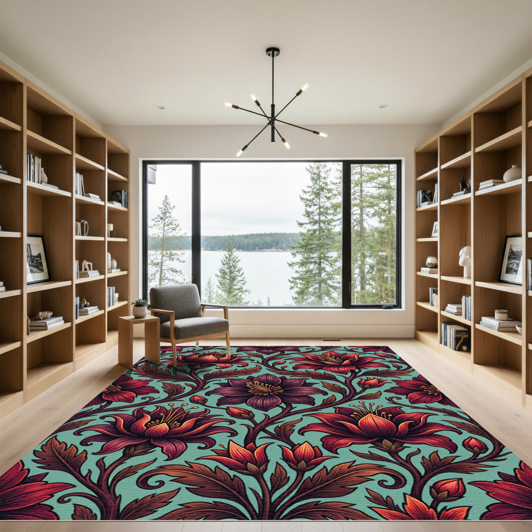 Elegant Red Lotus Floral Art Rug