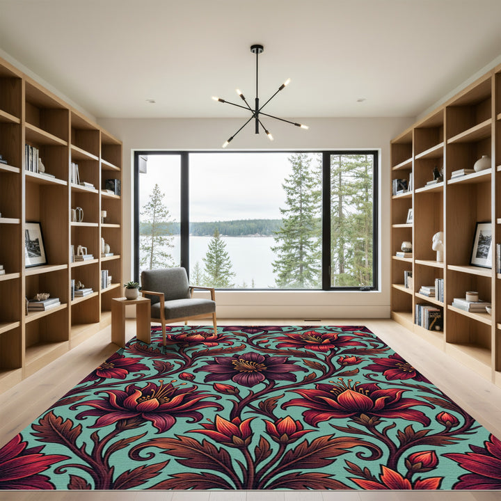 Elegant Red Lotus Floral Art Rug