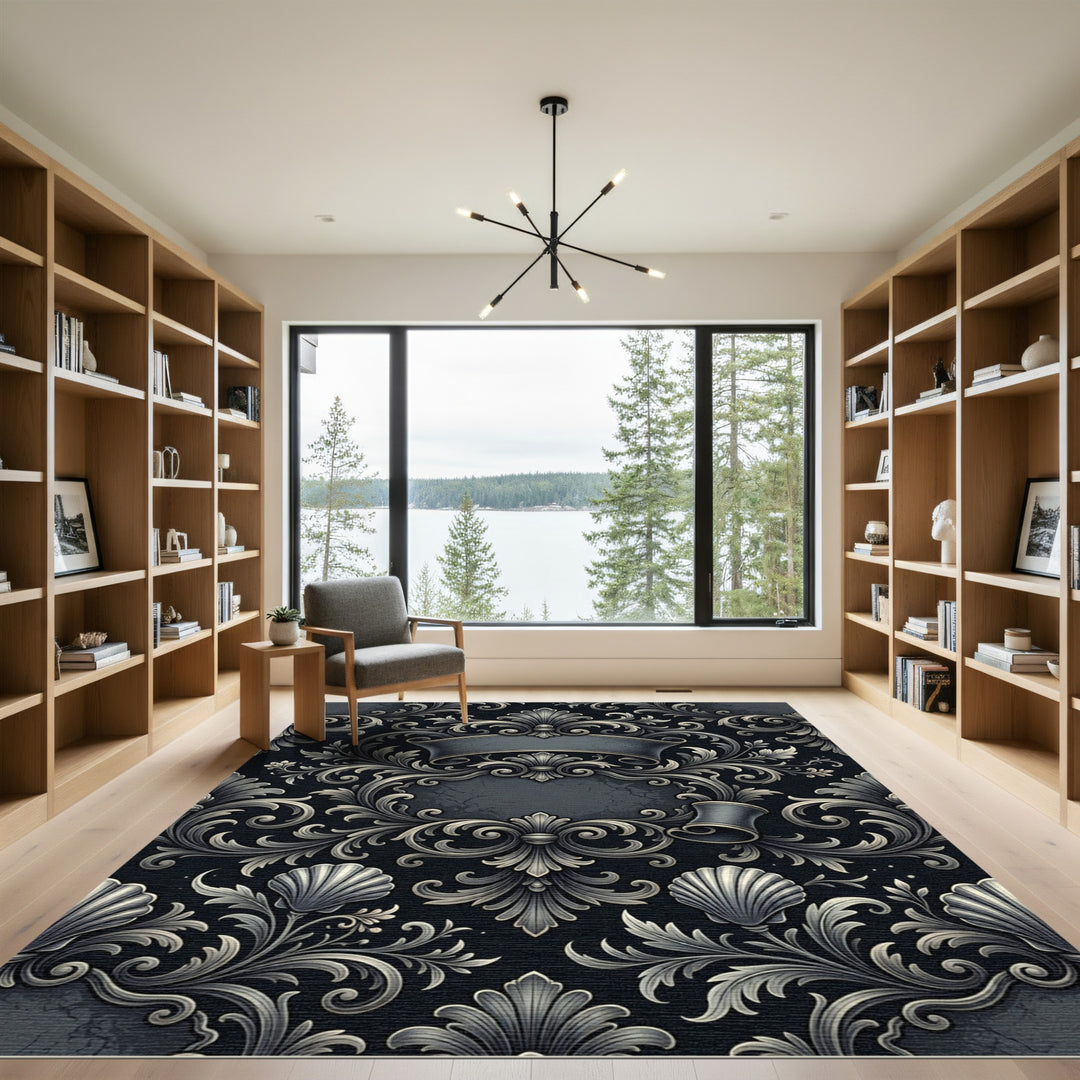 Ornate Black Silver Scrollwork Shells Rug
