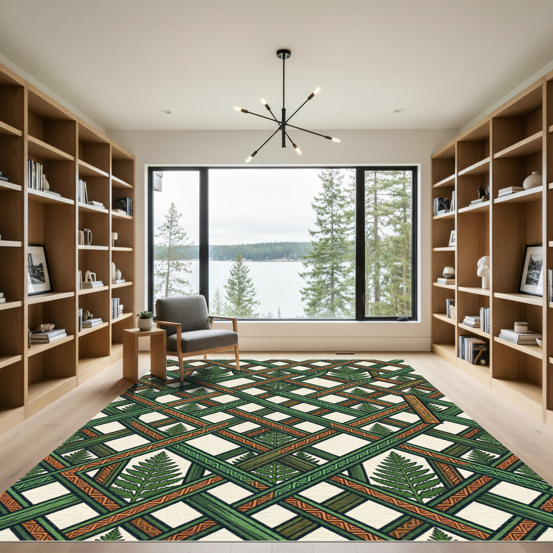Emerald Lattice Fern Pattern Rug