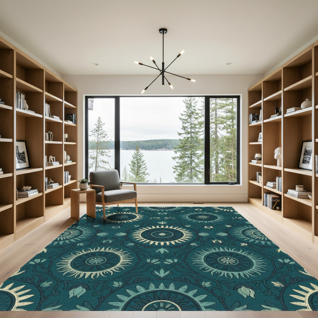 Teal Sunburst Medallion Floral Rug