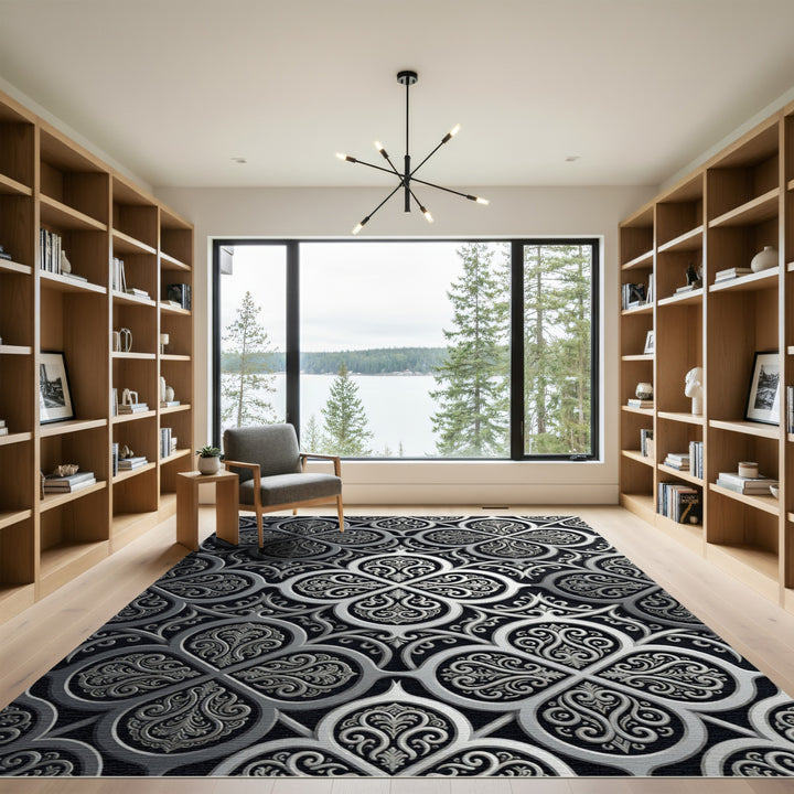 Ornate Silver Scrollwork Luxury Rug