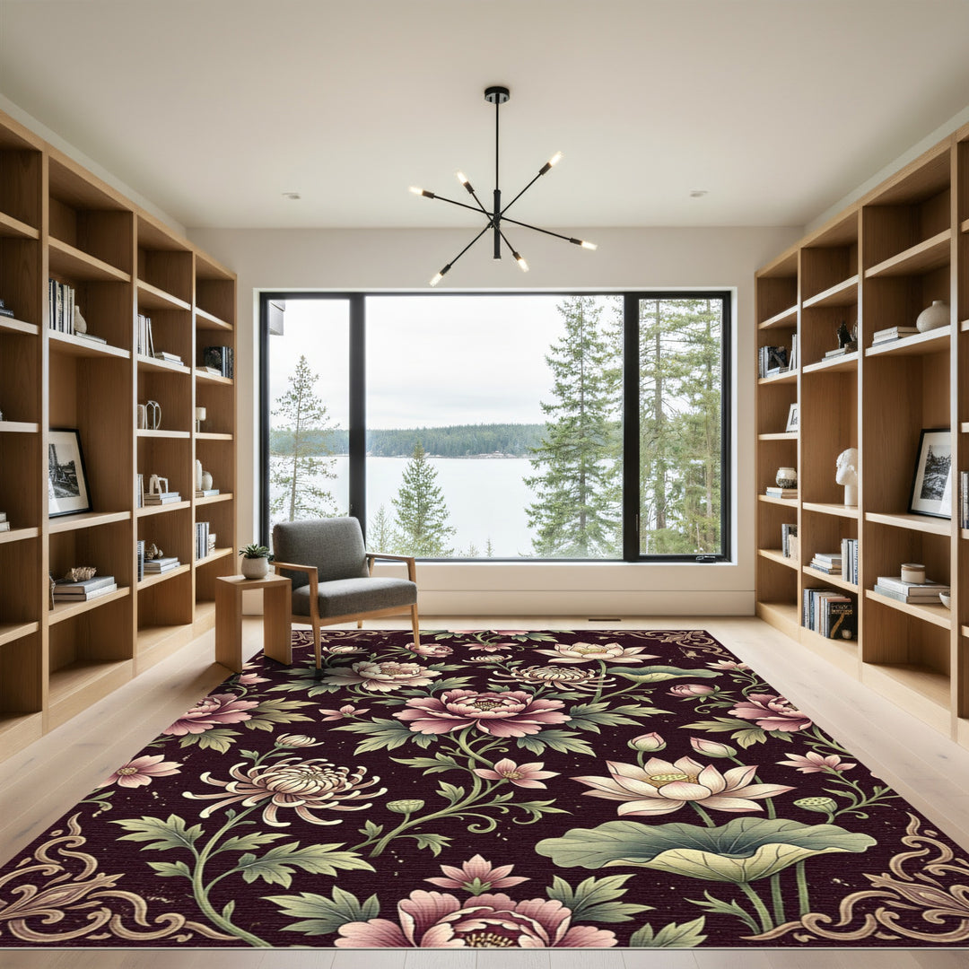 Classic Pink Lotus Peony Floral Rug
