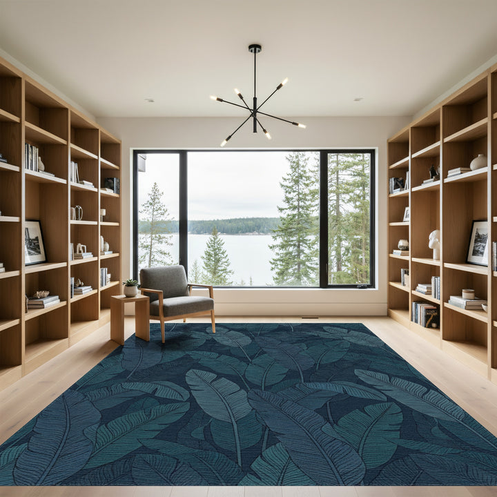 Deep Teal Tropical Leaf Collage Rug