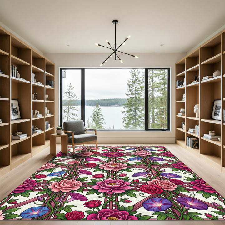 Pink Rose Morning Glory Trellis Rug