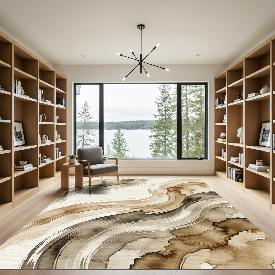 Whimsical Brown Brushstroke Abstract Rug