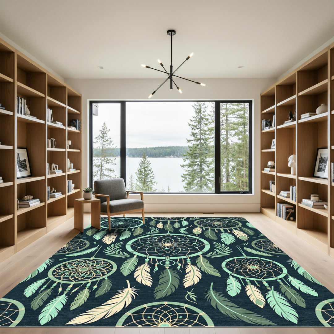 Mint Green Dreamcatcher Feather Pattern Rug