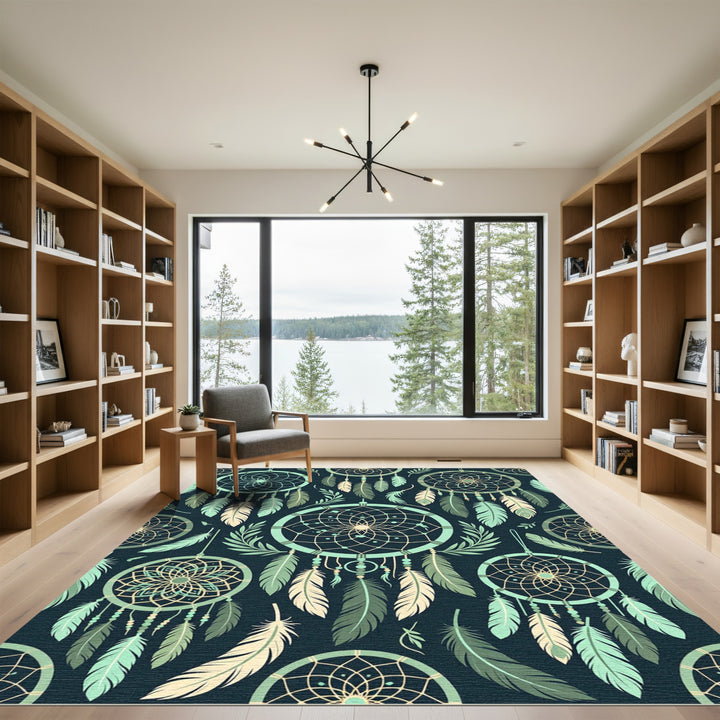 Mint Green Dreamcatcher Feather Pattern Rug