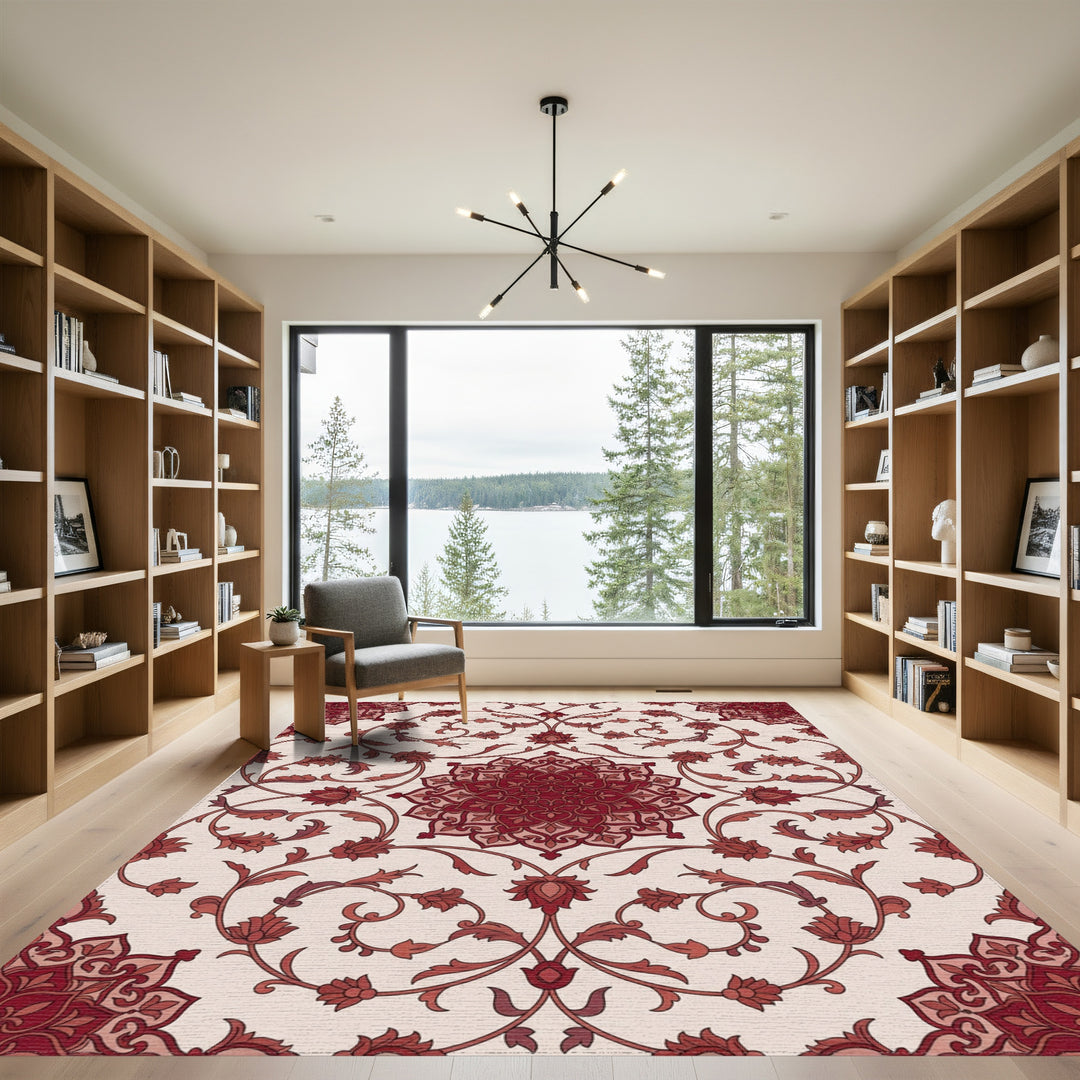 Deep Crimson Floral Mandala Medallion Rug