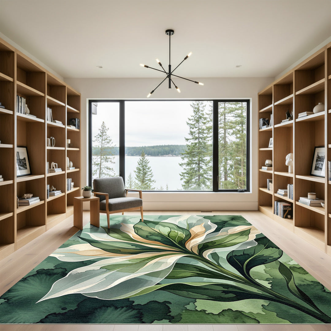Serene Green Leaf Watercolor Bloom Rug