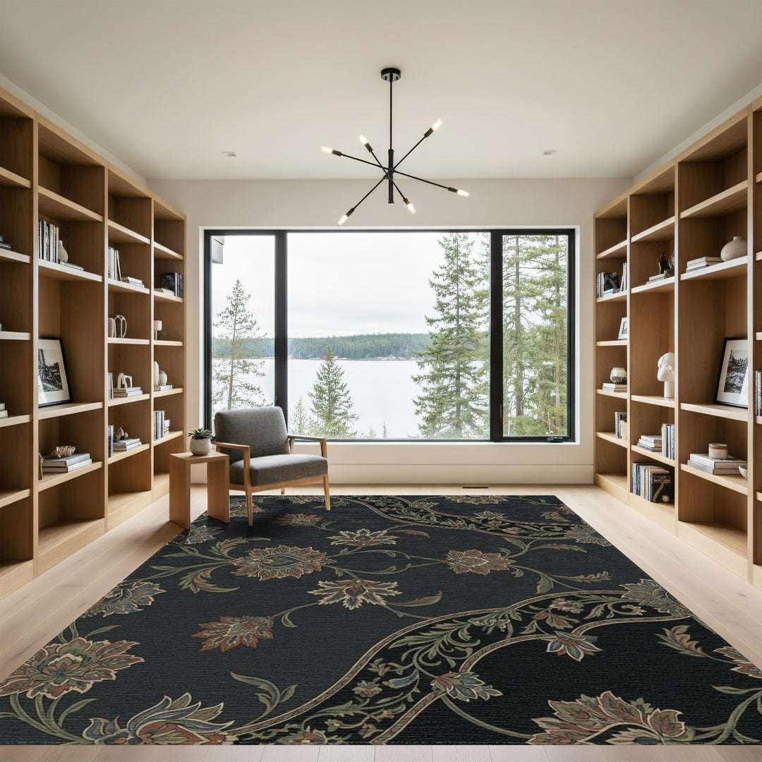 Ornate Floral Scrollwork Navy Rug